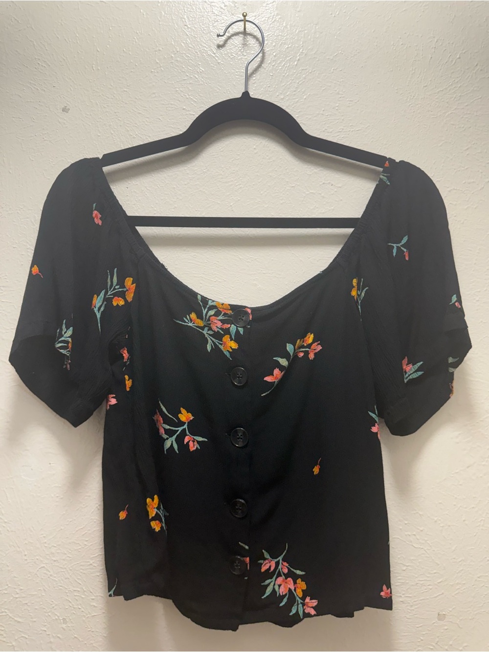 Volcom Black Floral Off The Shoulder Button-Front Women's Top